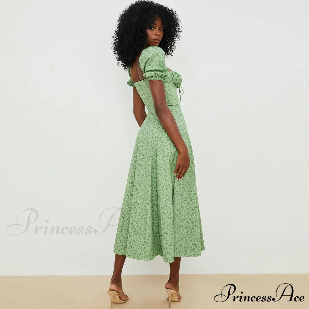 Daisy Printed Puff Sleeve High Slit Sophisticated Smock Maxi Sundress - Dark Yellow - Image 4