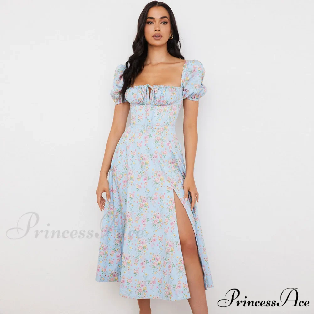 Daisy Printed Puff Sleeve High Classic Slit Smock Maxi Sundress - Green - Image 2