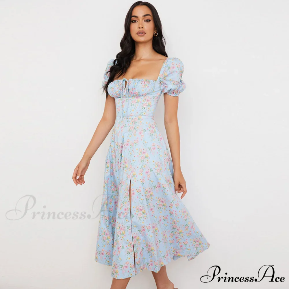 Daisy Printed Puff Sleeve High Classic Slit Smock Maxi Sundress - Green - Image 3