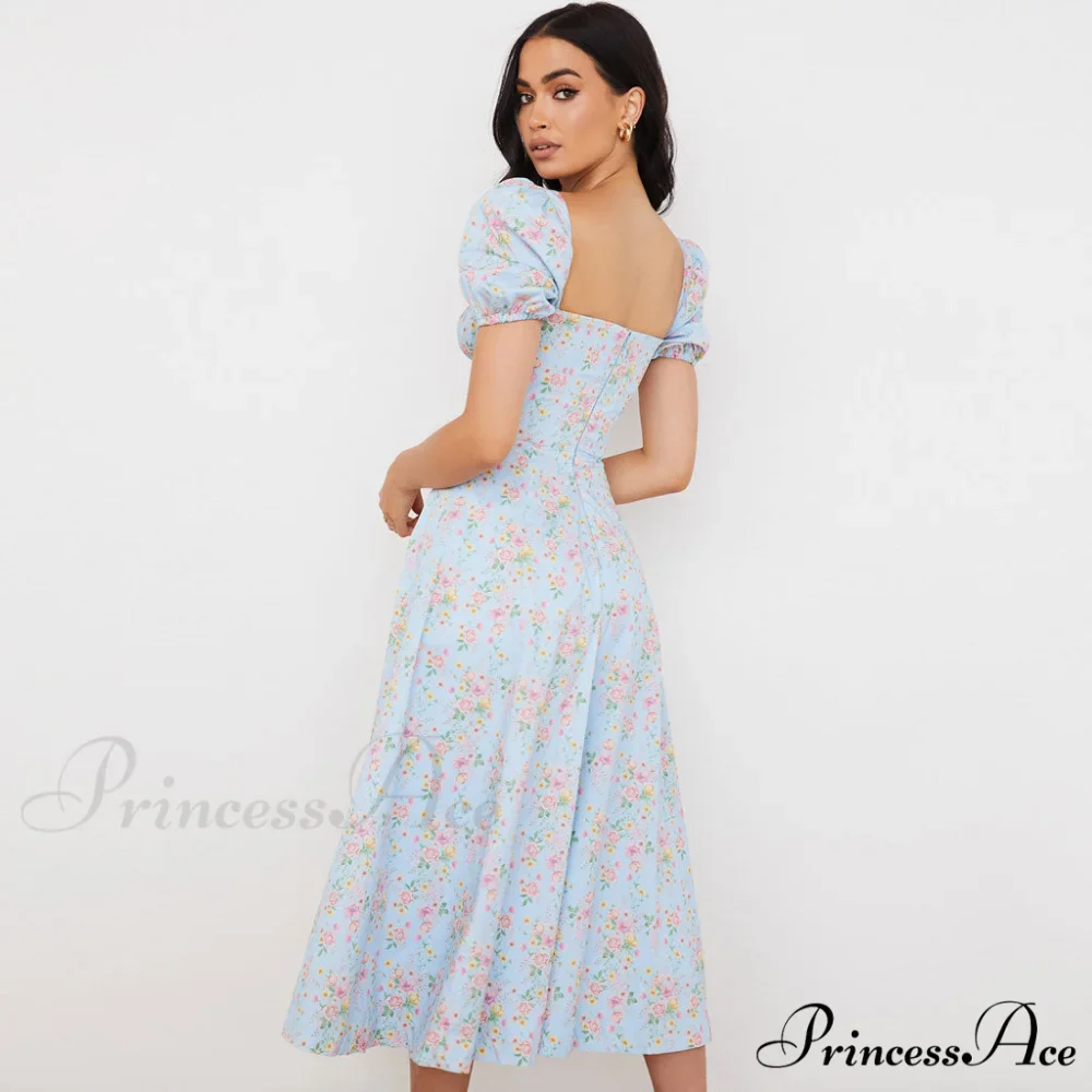 Daisy Printed Puff Sleeve High Classic Slit Smock Maxi Sundress - Green - Image 4
