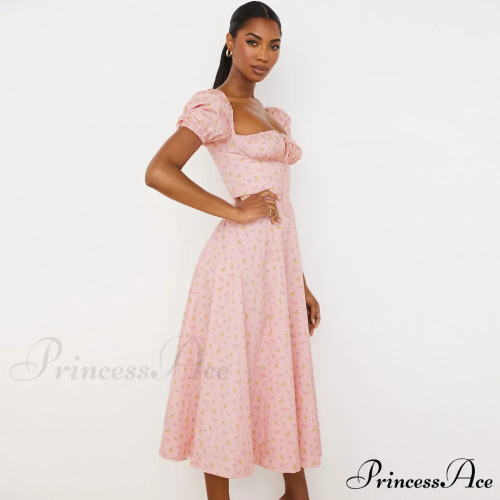Daisy Printed Puff Sleeve High Slit Sophisticated Smock Maxi Sundress - Light Blue - Image 2