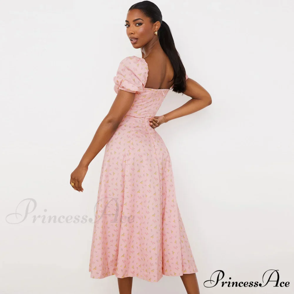Daisy Printed Puff Sleeve High Slit Sophisticated Smock Maxi Sundress - Light Blue - Image 3