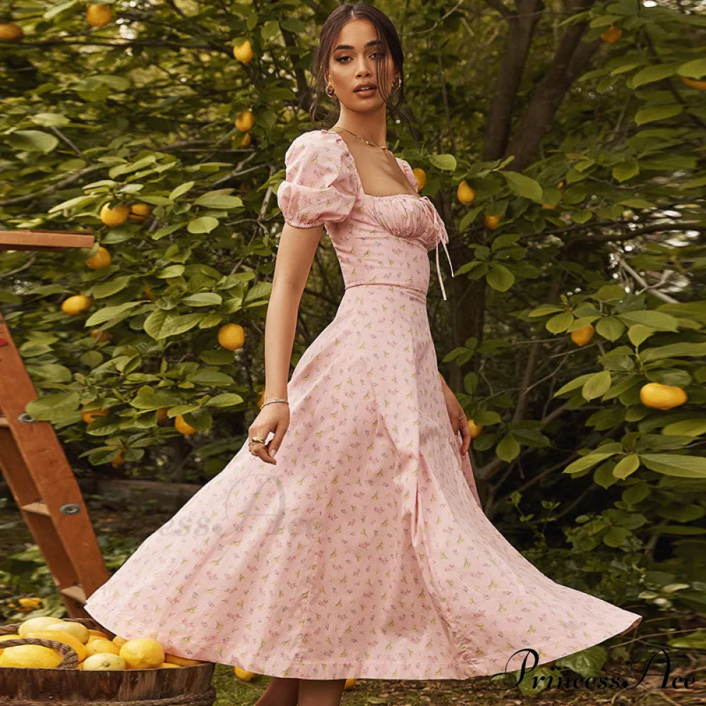 Daisy Printed Puff Sleeve High Slit Sophisticated Smock Maxi Sundress - Light Blue - Image 4