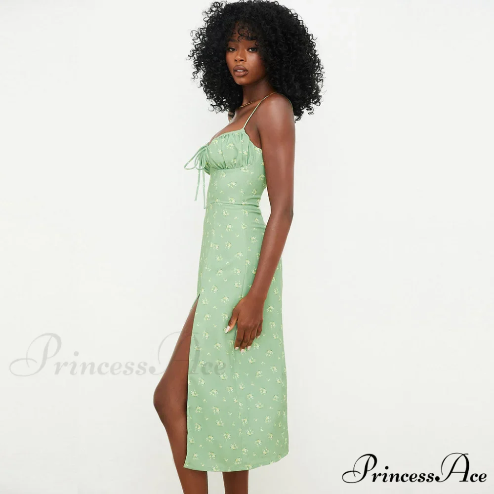 Daisy Printed Puff Sleeve High Classic Slit Smock Maxi Sundress - White - Image 2