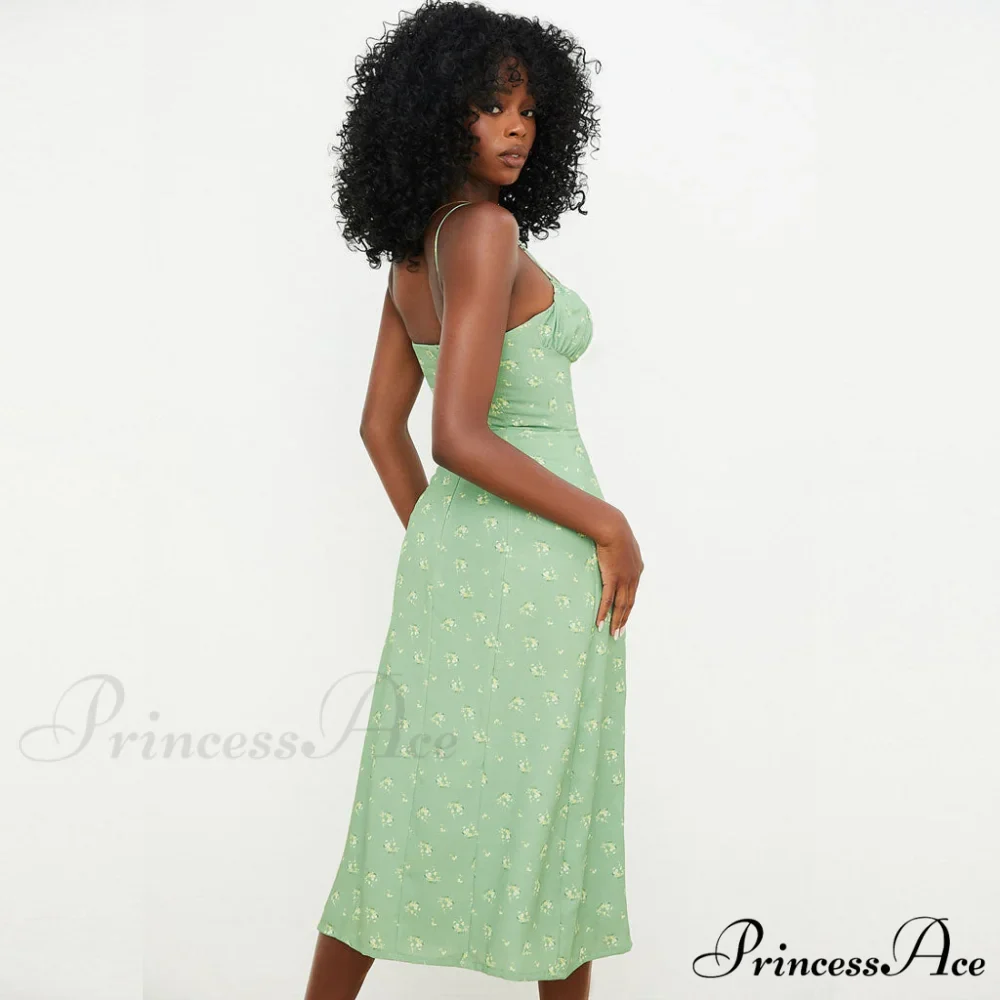 Daisy Printed Puff Sleeve High Classic Slit Smock Maxi Sundress - White - Image 3