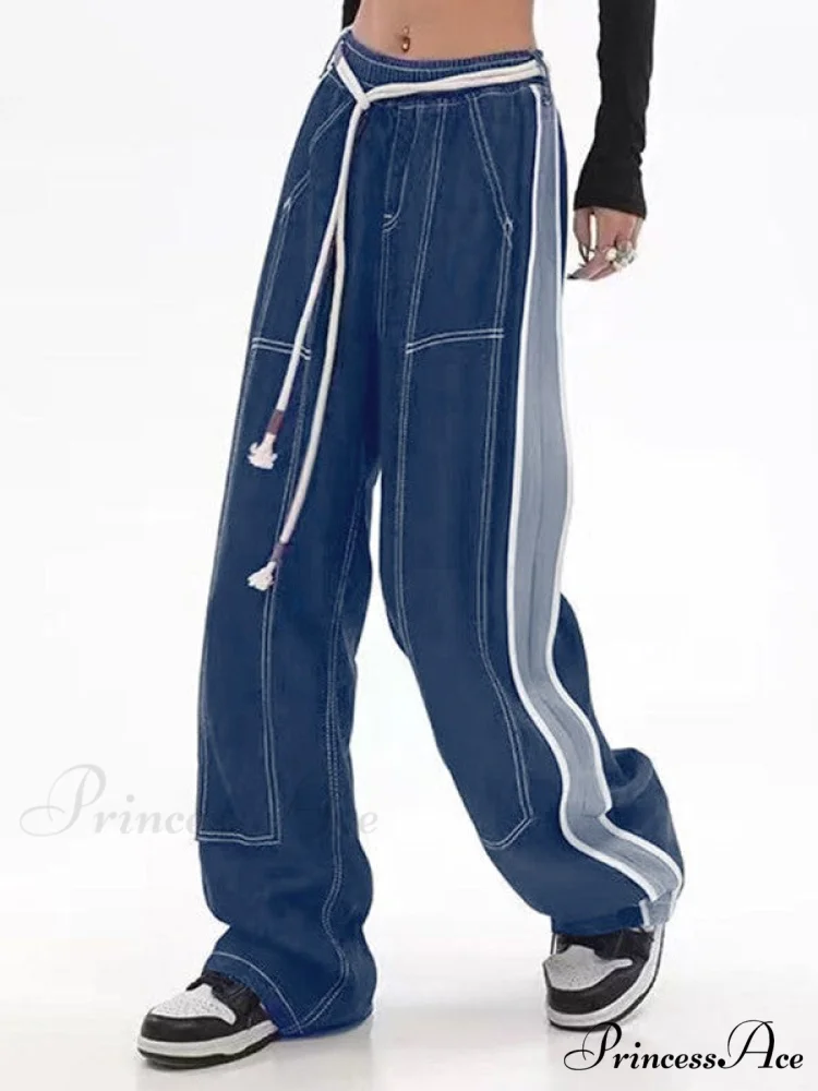 Dark Wash Belted Trendy Baggy Boyfriend Jeans - Image 4