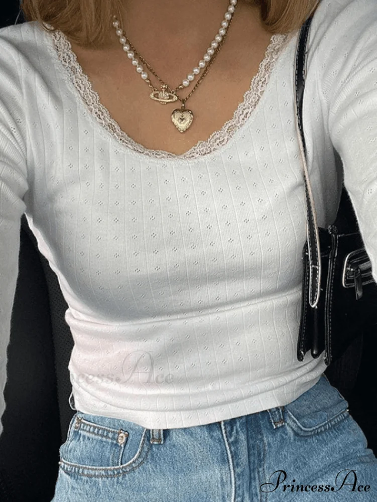Lace Trim White Trendy Cropped Tank Top - Image 2