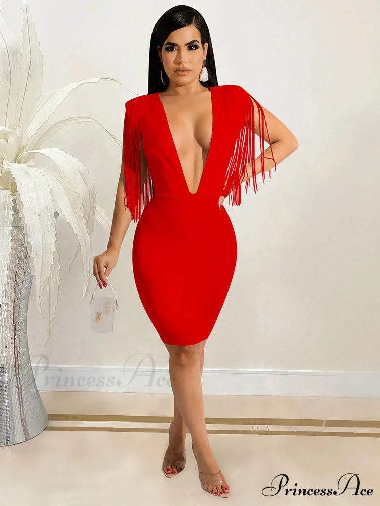 Deep V Neck Spaghetti Strap Classic Ruched Party Mini Dress - Red - Image 5