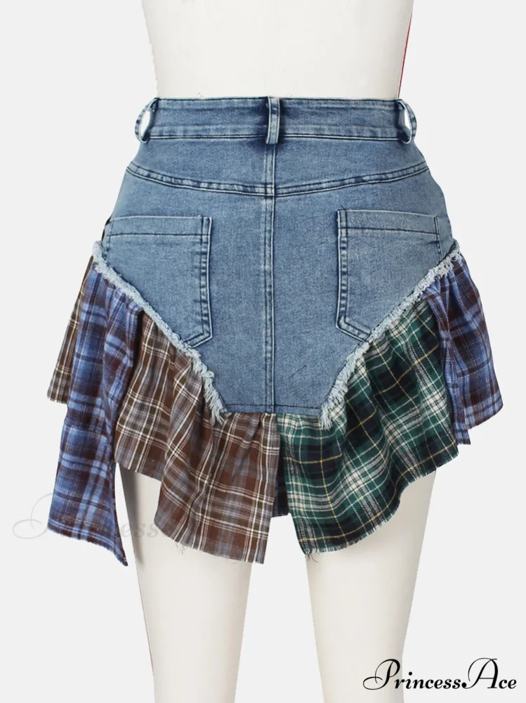 Denim Patchwork Graceful Plaid Shorts - Image 10
