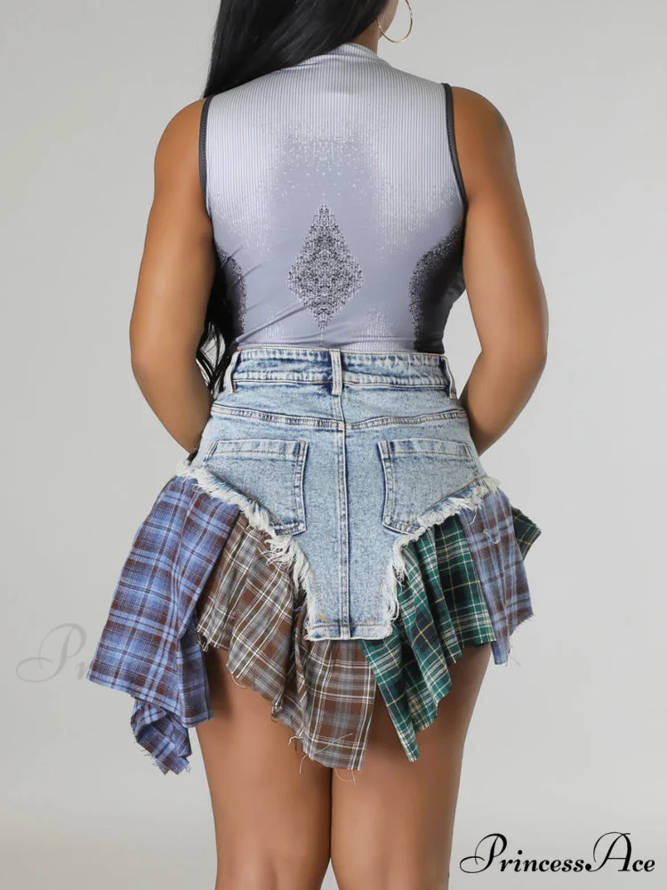 Denim Patchwork Graceful Plaid Shorts - Image 6
