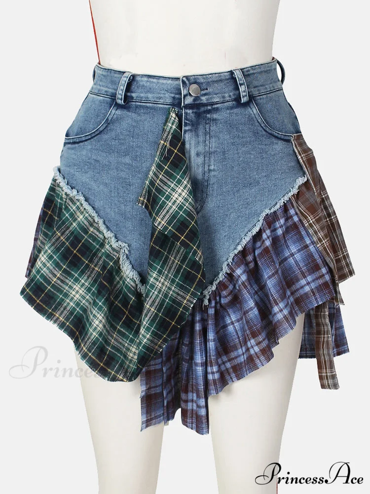 Denim Patchwork Graceful Plaid Shorts - Image 8