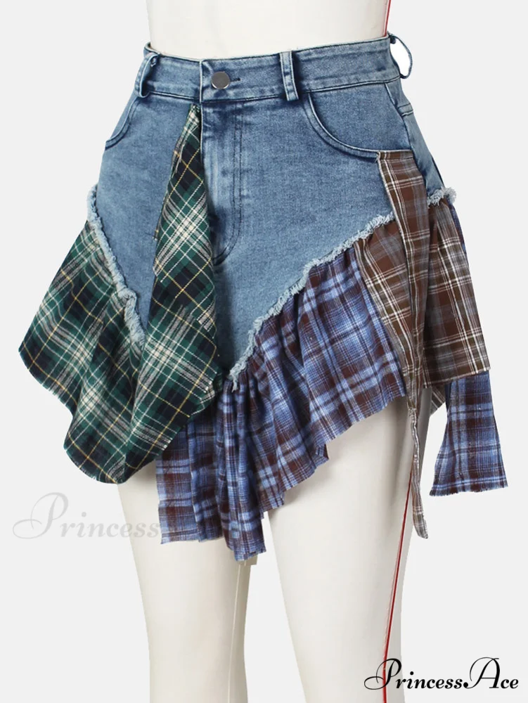 Denim Patchwork Graceful Plaid Shorts - Image 9