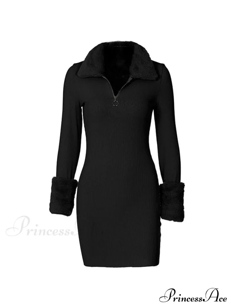 Faux Fur Trim Rib Modern Knit Long Sleeve Mini Dress - Image 11