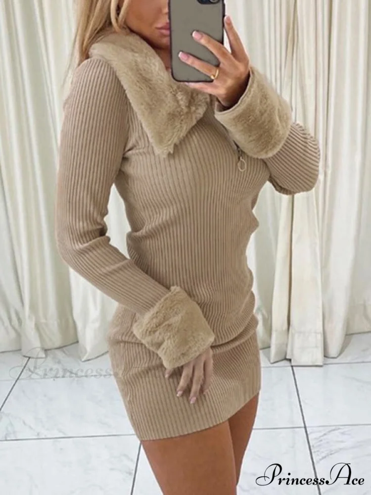 Faux Fur Trim Rib Modern Knit Long Sleeve Mini Dress - Image 2