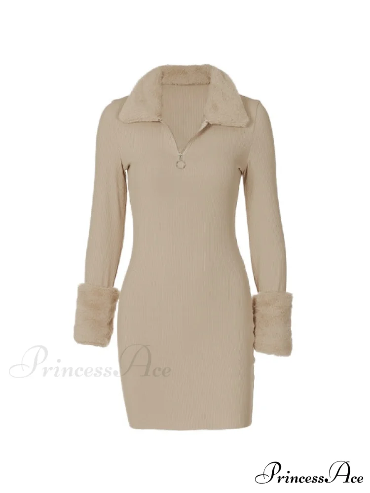 Faux Fur Trim Rib Modern Knit Long Sleeve Mini Dress - Image 4