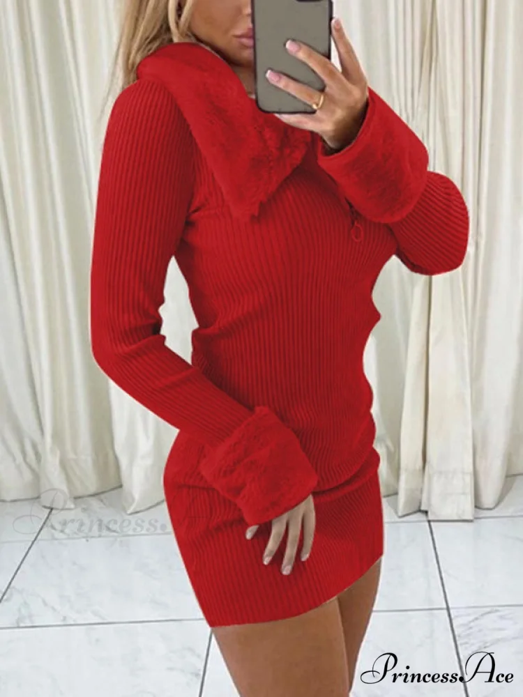 Faux Fur Trim Rib Modern Knit Long Sleeve Mini Dress - Image 9