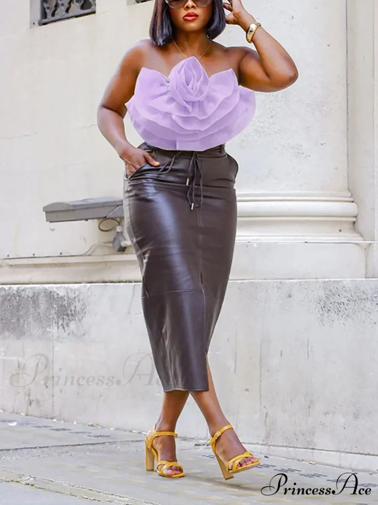 Floral Tie Strap Sheer Lace Mesh Sophisticated Scalloped Crop Tube Top - Lilac - Image 16
