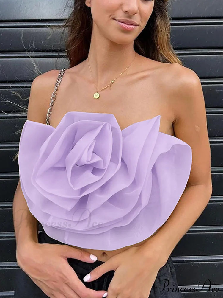 Floral Tie Strap Sheer Lace Mesh Sophisticated Scalloped Crop Tube Top - Lilac - Image 19