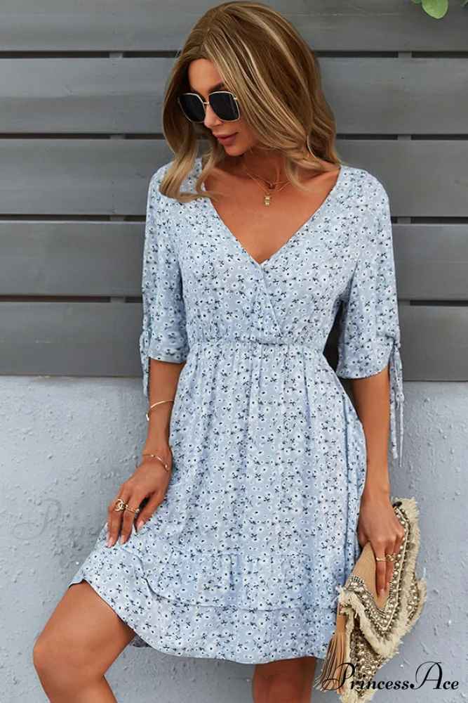 Bohemian V Neck Trendy Knoe Sleeve Mini Dress - Image 2