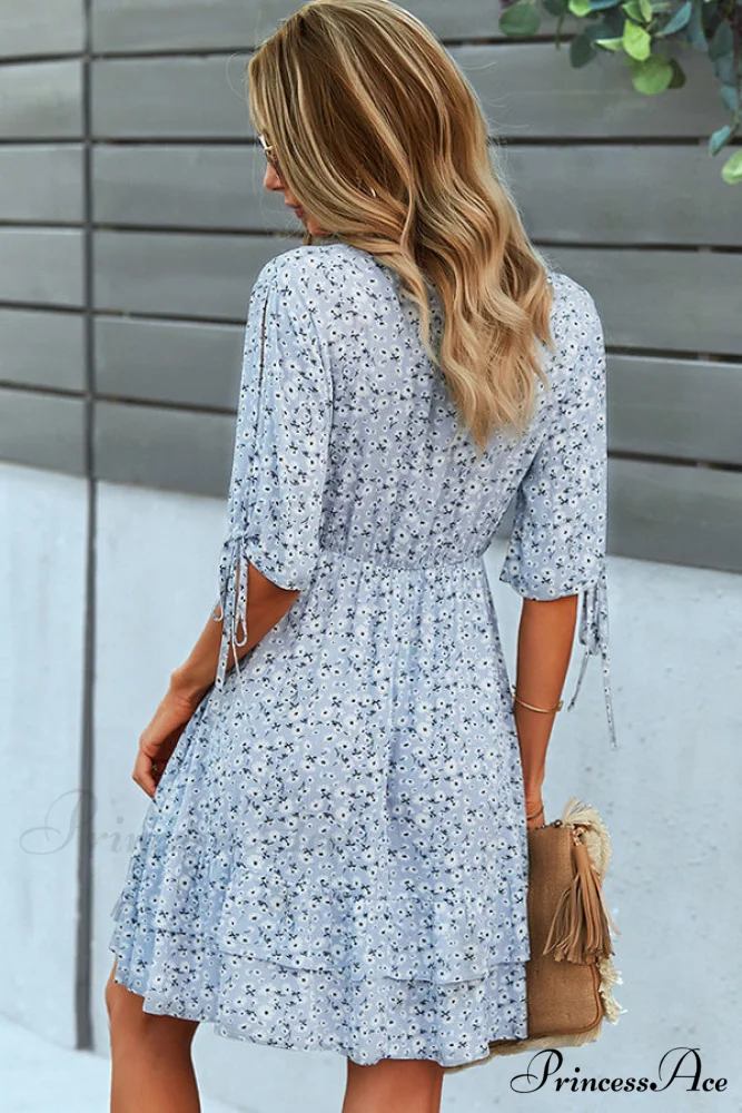 Bohemian V Neck Trendy Knoe Sleeve Mini Dress - Image 3