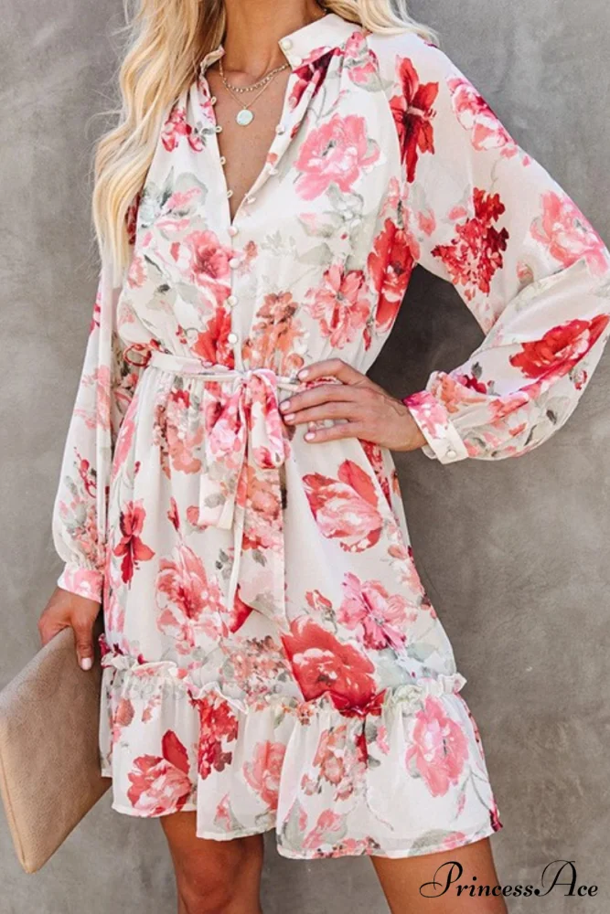 Floral Button Front Deep Modern V Beach Ruffle Dress - Image 2
