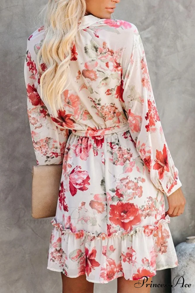 Floral Button Front Deep Modern V Beach Ruffle Dress - Image 3