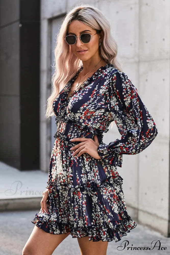 Causal Loose Solid Color Pleated Classic V-Neck Long Puff Sleeves Sweater Dress - Image 16