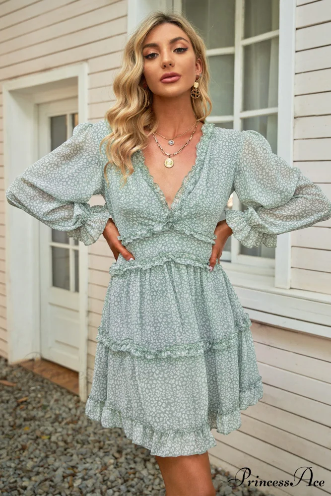 Causal Loose Solid Color Pleated Classic V-Neck Long Puff Sleeves Sweater Dress - Image 18
