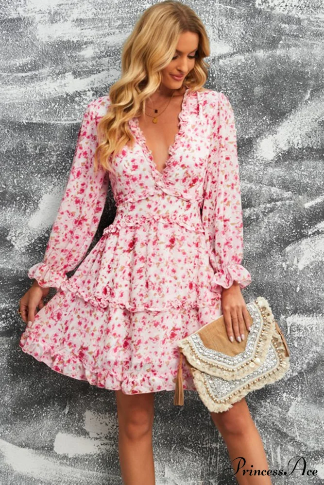 Causal Loose Solid Color Pleated Classic V-Neck Long Puff Sleeves Sweater Dress - Image 4