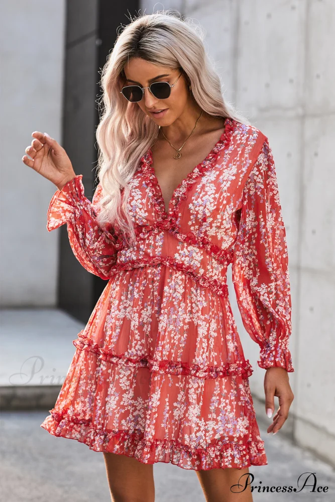 Causal Loose Solid Color Pleated Classic V-Neck Long Puff Sleeves Sweater Dress - Image 6