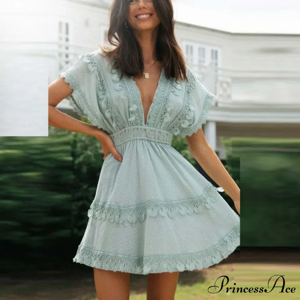 Lace Tie Up Beach Modern Ladies Ruffle Mini Dress - Image 4