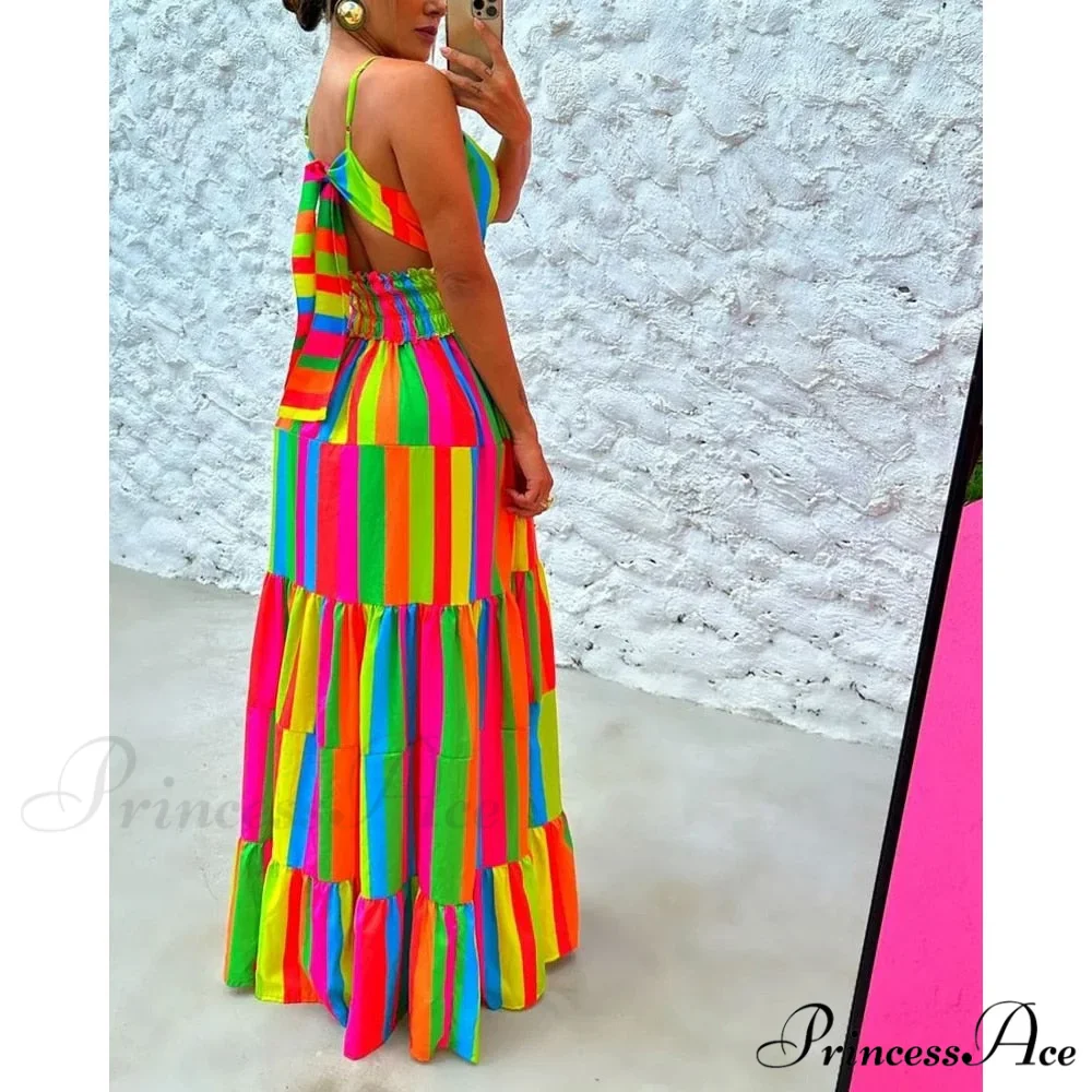 Colorblock V-Neck Spaghetti Strap Modern Tie Detail Maxi Dress - Image 2