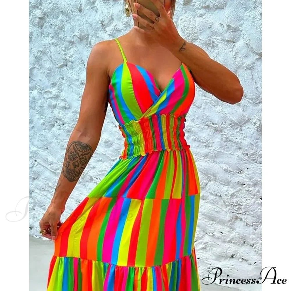 Colorblock V-Neck Spaghetti Strap Modern Tie Detail Maxi Dress - Image 3