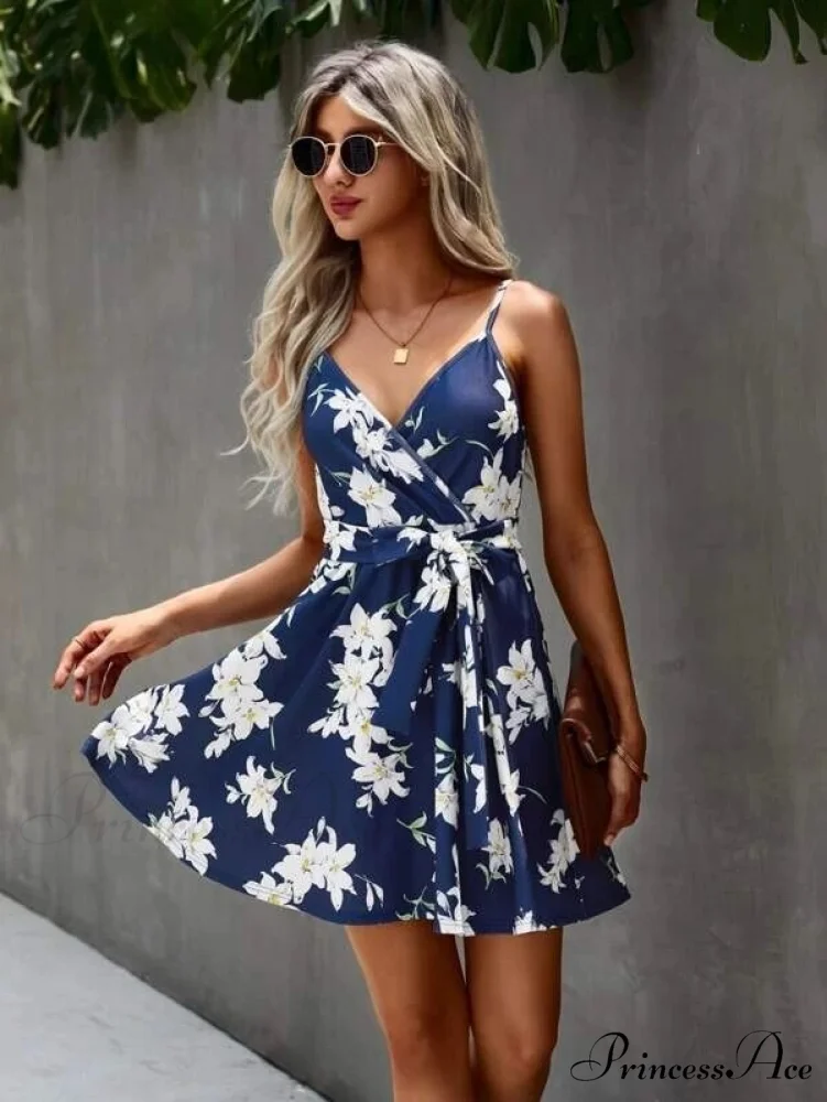 Floral Print Surplice Trendy Front Belted Cami Dress - Image 3