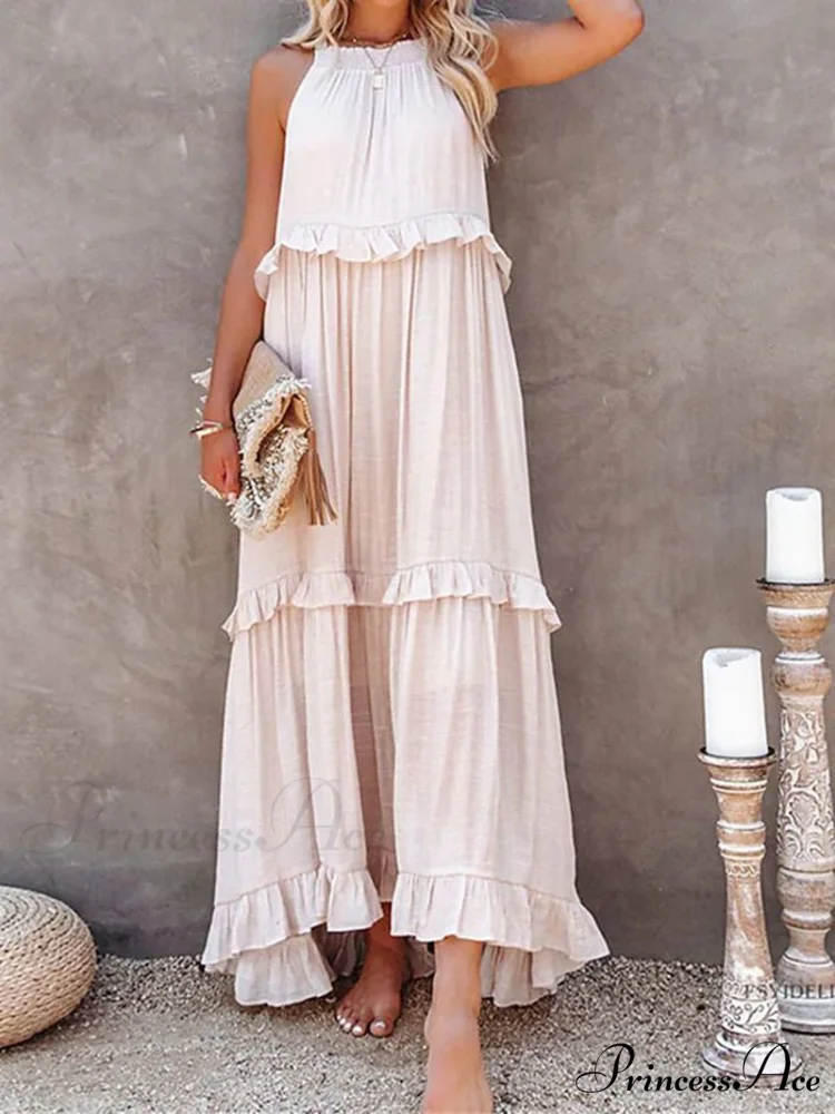 Casual Elegant Ruffle Halter Sleeveless Classic Female Party Outfits Beach Maxi Dress - Image 11