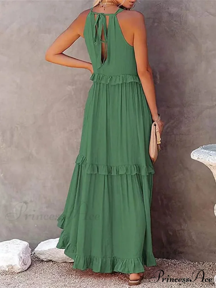 Casual Elegant Ruffle Halter Sleeveless Classic Female Party Outfits Beach Maxi Dress - Image 2