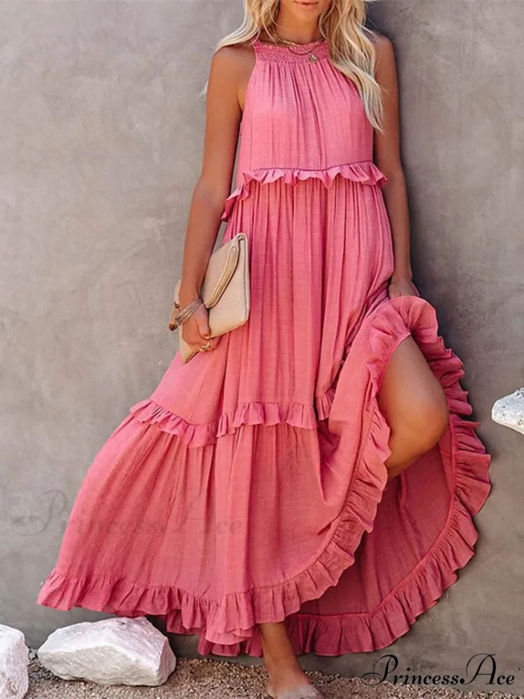 Casual Elegant Ruffle Halter Sleeveless Classic Female Party Outfits Beach Maxi Dress - Image 3