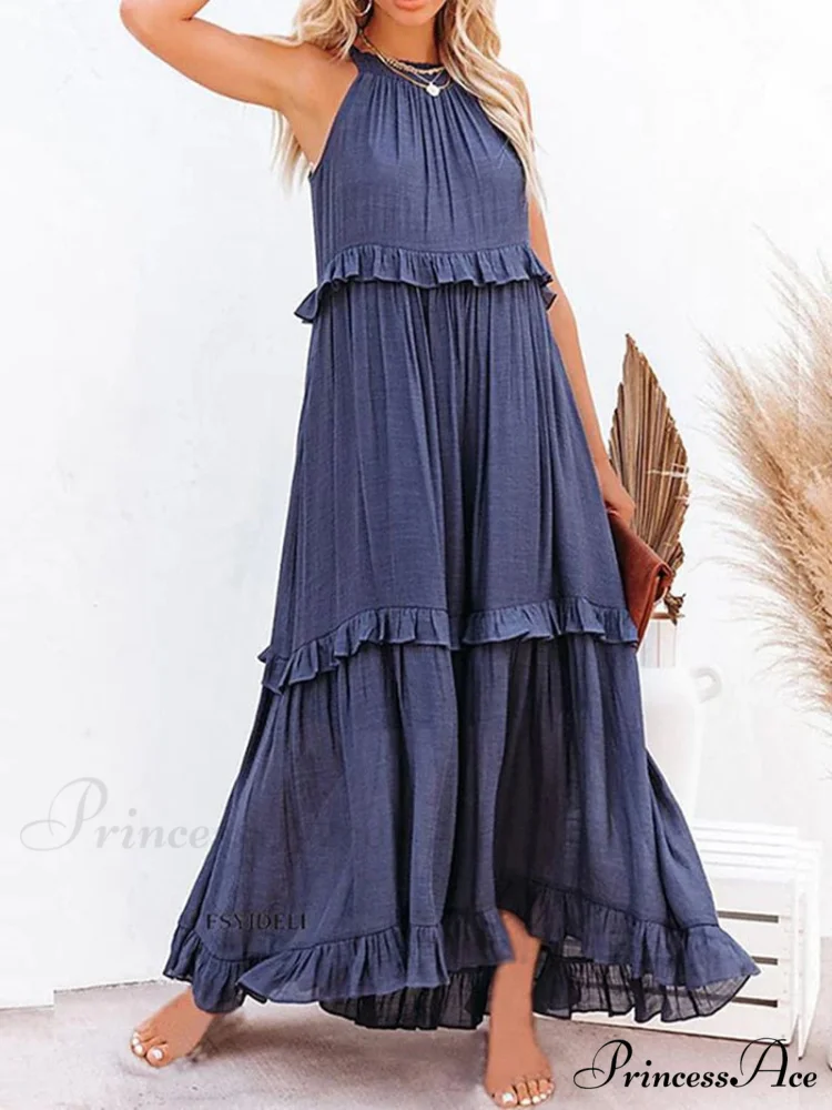 Casual Elegant Ruffle Halter Sleeveless Classic Female Party Outfits Beach Maxi Dress - Image 9