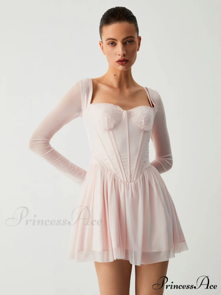 Aphrodite Mesh Bustier Corset Modern Long Sleeve Short Dress - Image 2