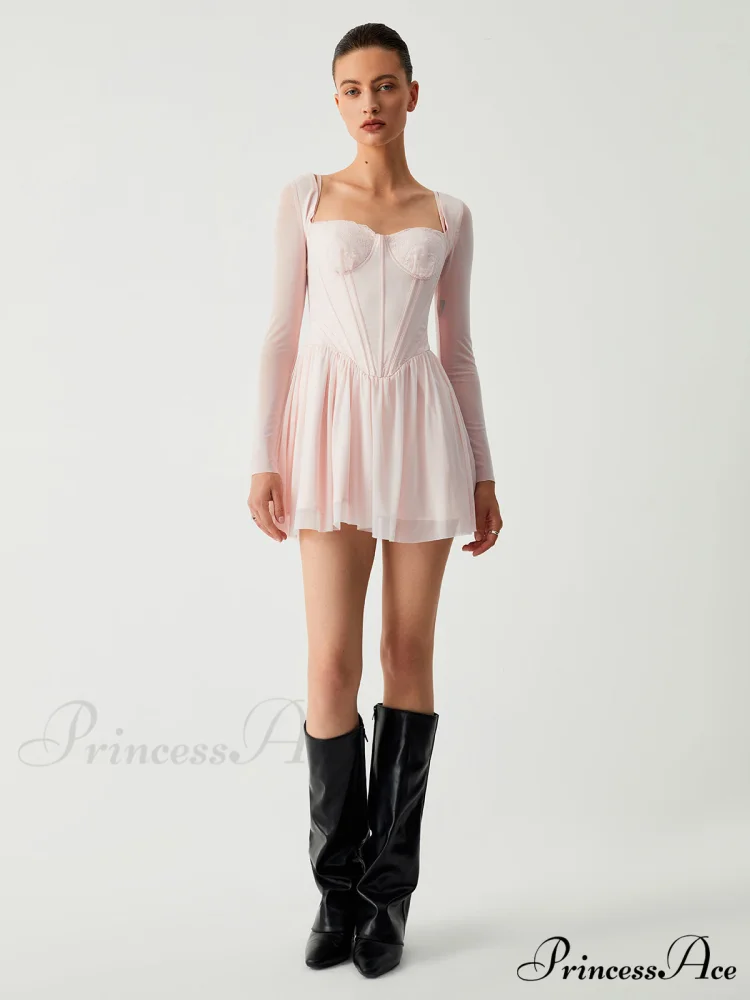 Aphrodite Mesh Bustier Corset Modern Long Sleeve Short Dress - Image 3