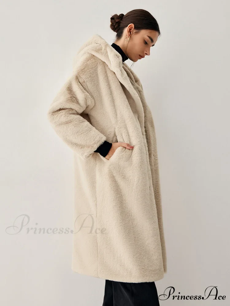 Apricot Faux Fur Trendy Hooded Longline Coat - Image 3