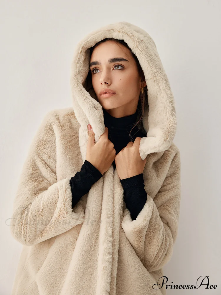 Apricot Faux Fur Trendy Hooded Longline Coat - Image 4