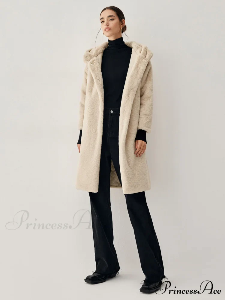 Apricot Faux Fur Trendy Hooded Longline Coat - Image 5