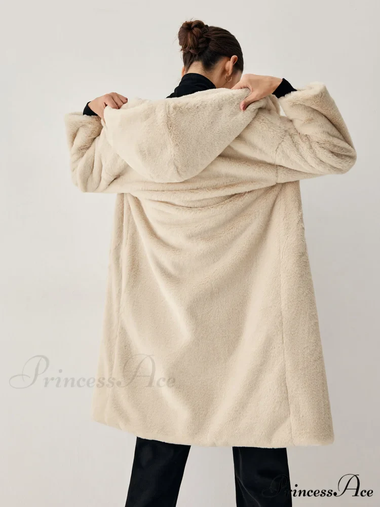 Apricot Faux Fur Trendy Hooded Longline Coat - Image 6