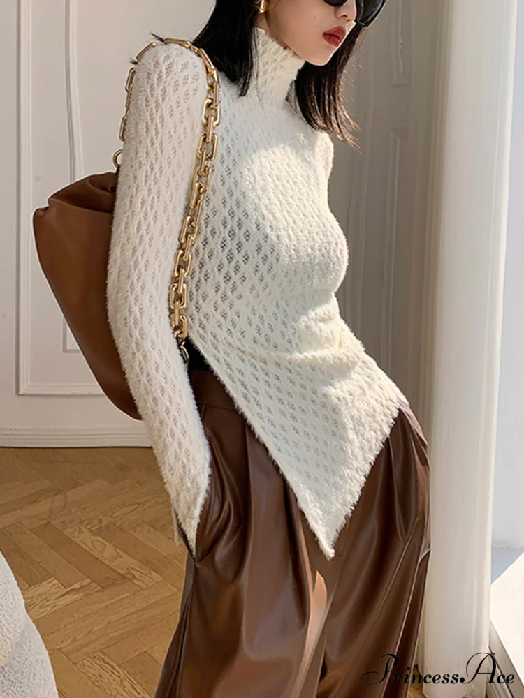 Argyle Asymmetric Graceful Mock Neck Blouse - Image 2