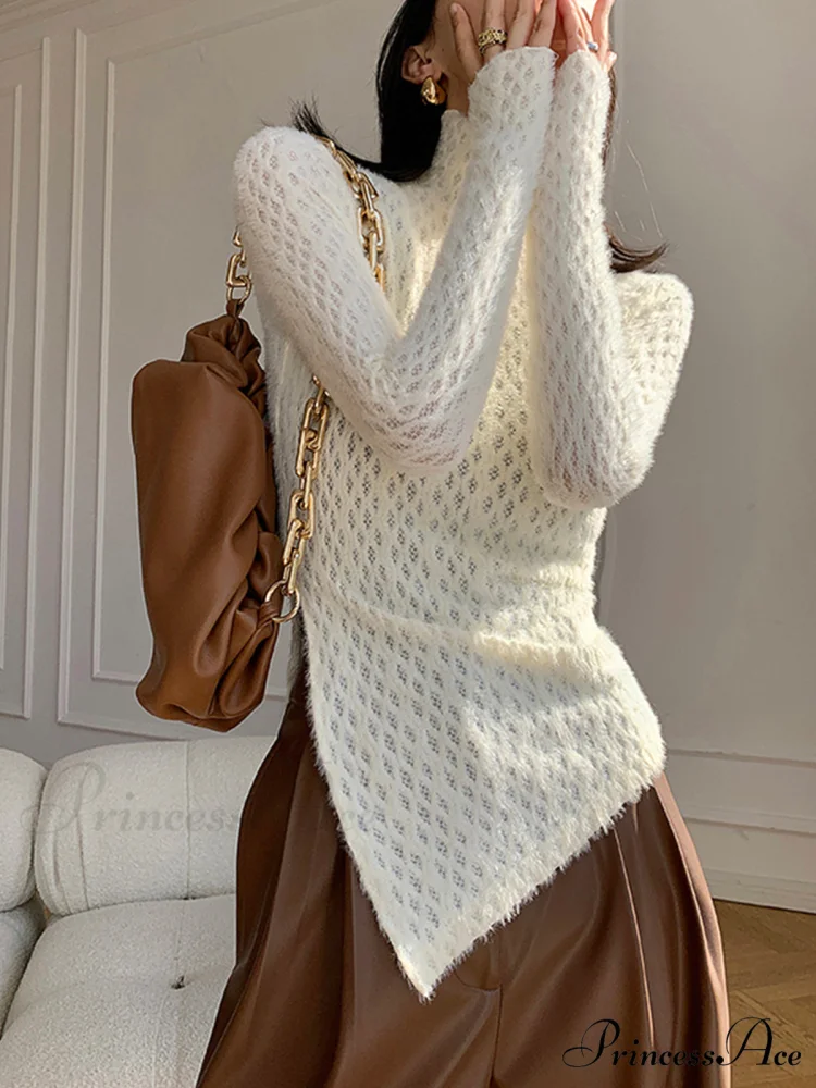 Argyle Asymmetric Graceful Mock Neck Blouse - Image 4