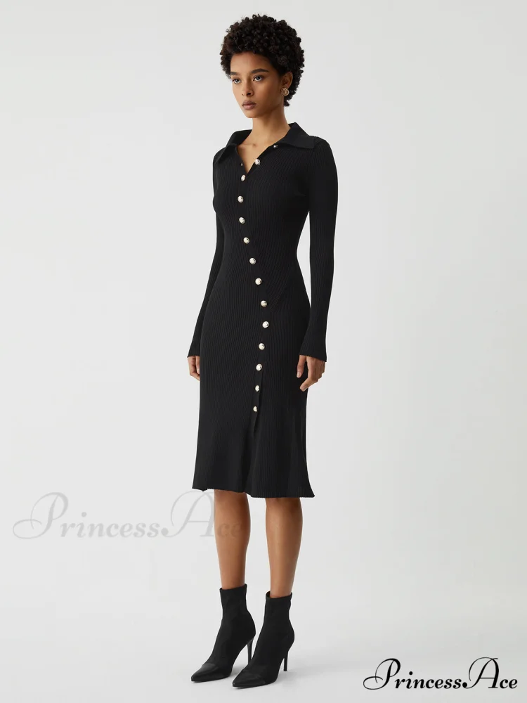 Asymmetric Button Down Long Modern Sleeve Midi Sweater Dress - Image 2