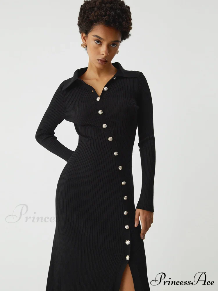 Asymmetric Button Down Long Modern Sleeve Midi Sweater Dress - Image 3