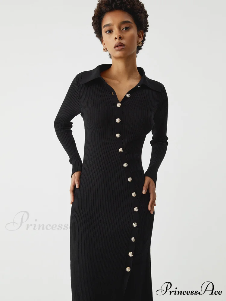 Asymmetric Button Down Long Modern Sleeve Midi Sweater Dress - Image 4