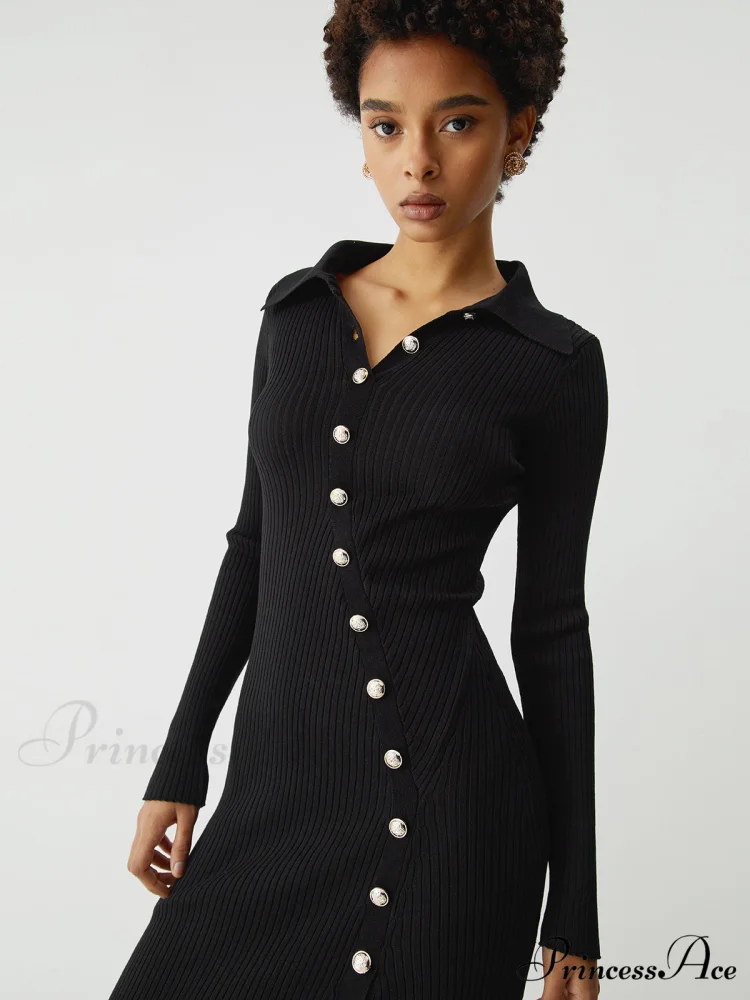 Asymmetric Button Down Long Modern Sleeve Midi Sweater Dress - Image 5